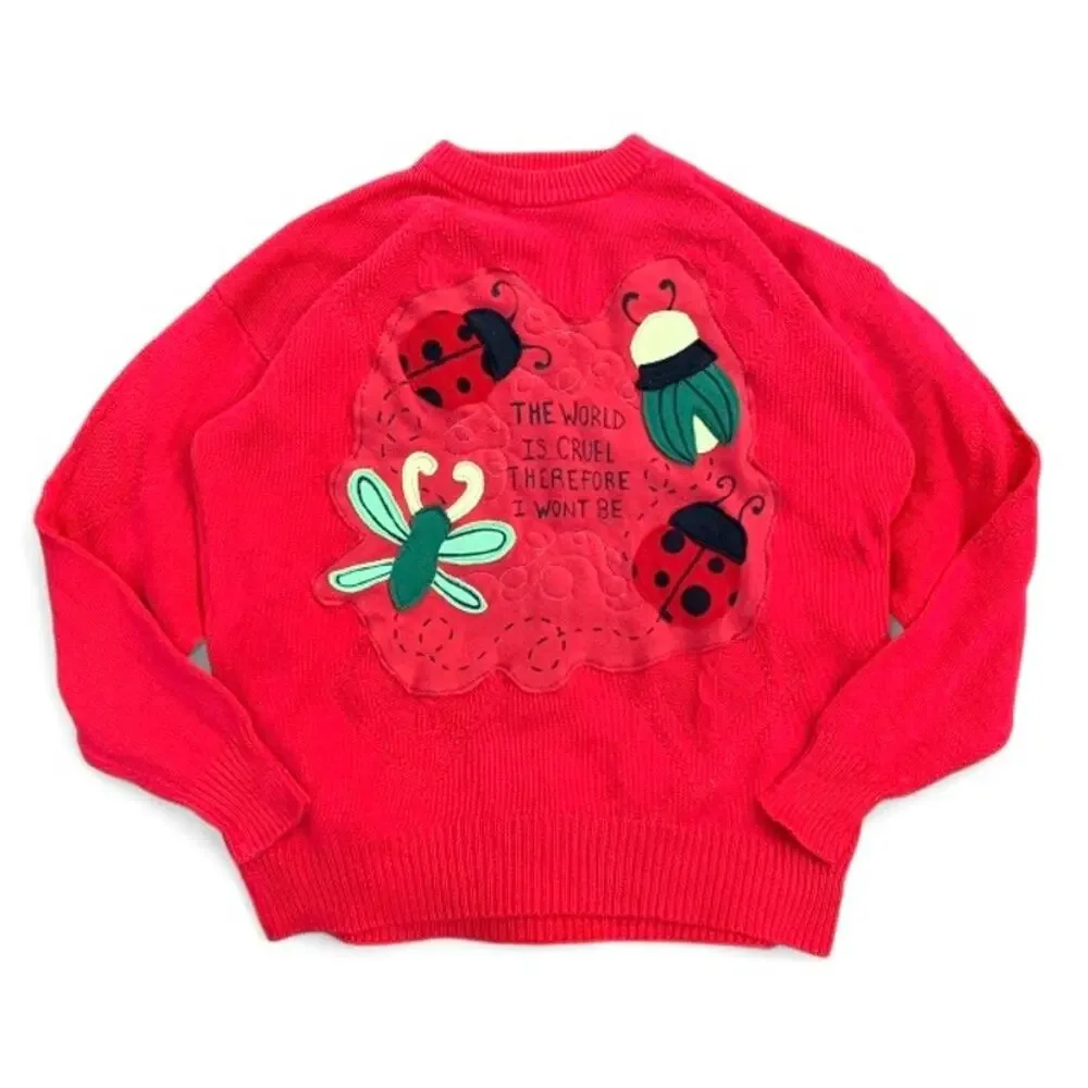 Custom Upcycled Red Bug Patchwork Sweater “The World Is Cruel” Oversized M